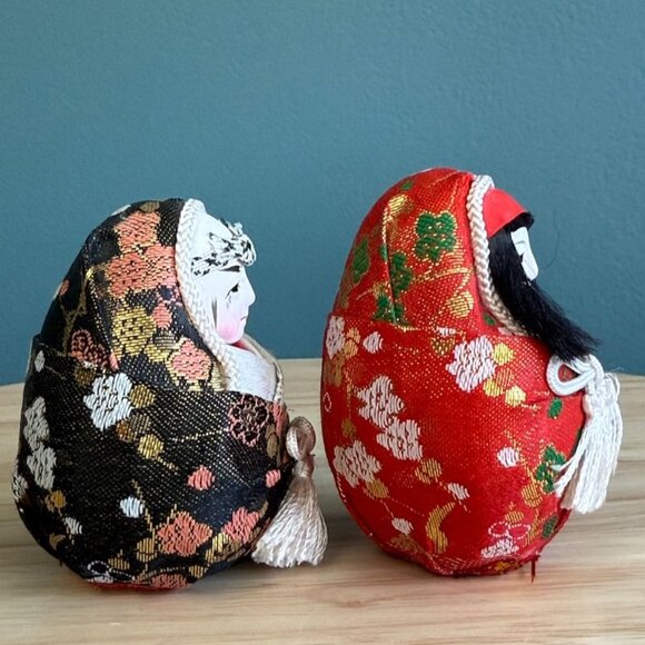 Vintage Japanese Wedding Doll Couple Roly-Poly Hime Daruma Gofun Face 4.5" Tall - Picture 4 of 10